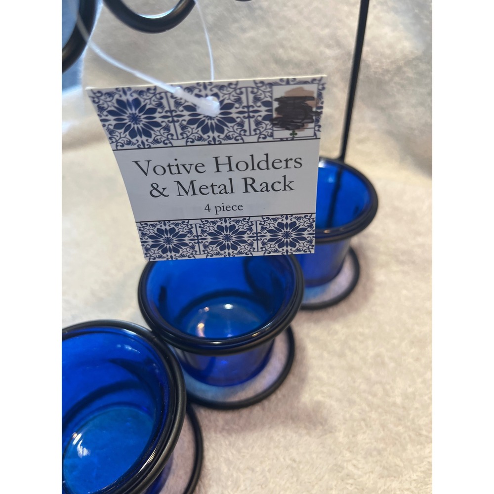Home Essentials Cobalt Blue Glass Votive Holders with Black Metal Rack 4pc Set - Picture 3 of 6